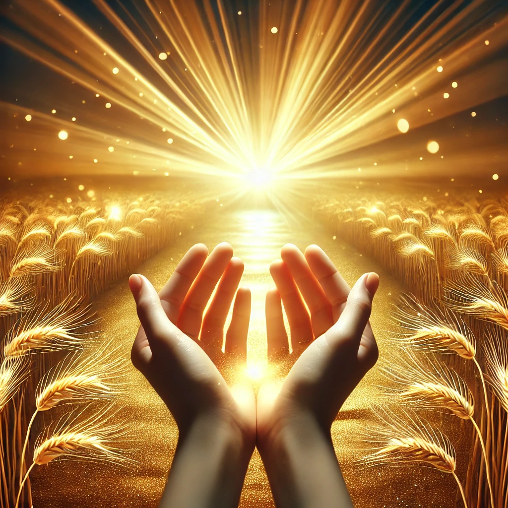 Embracing Abundance:"Hands catching sunlight, symbolizing divine abundance and blessings from God"