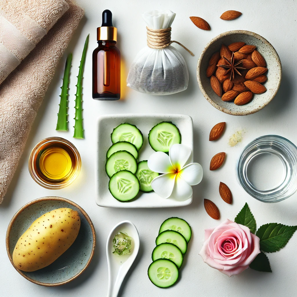 Here is the image representing the home remedies for dark circles, featuring some of the key ingredients like cucumber slices, cold tea bags, aloe vera gel, almond oil, and more, as discussed in the article