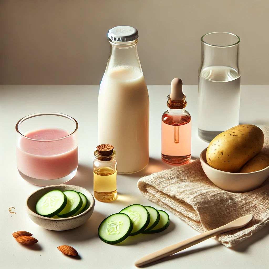 home remedies for dark circles, featuring minimalistic elements like cucumber slices, rose water, potato juice, and almond oil. T