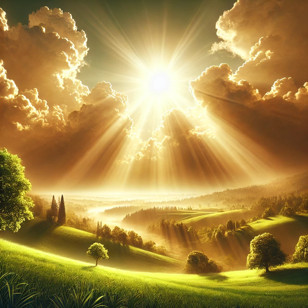 "A serene landscape with light shining through clouds, symbolizing divine blessings."