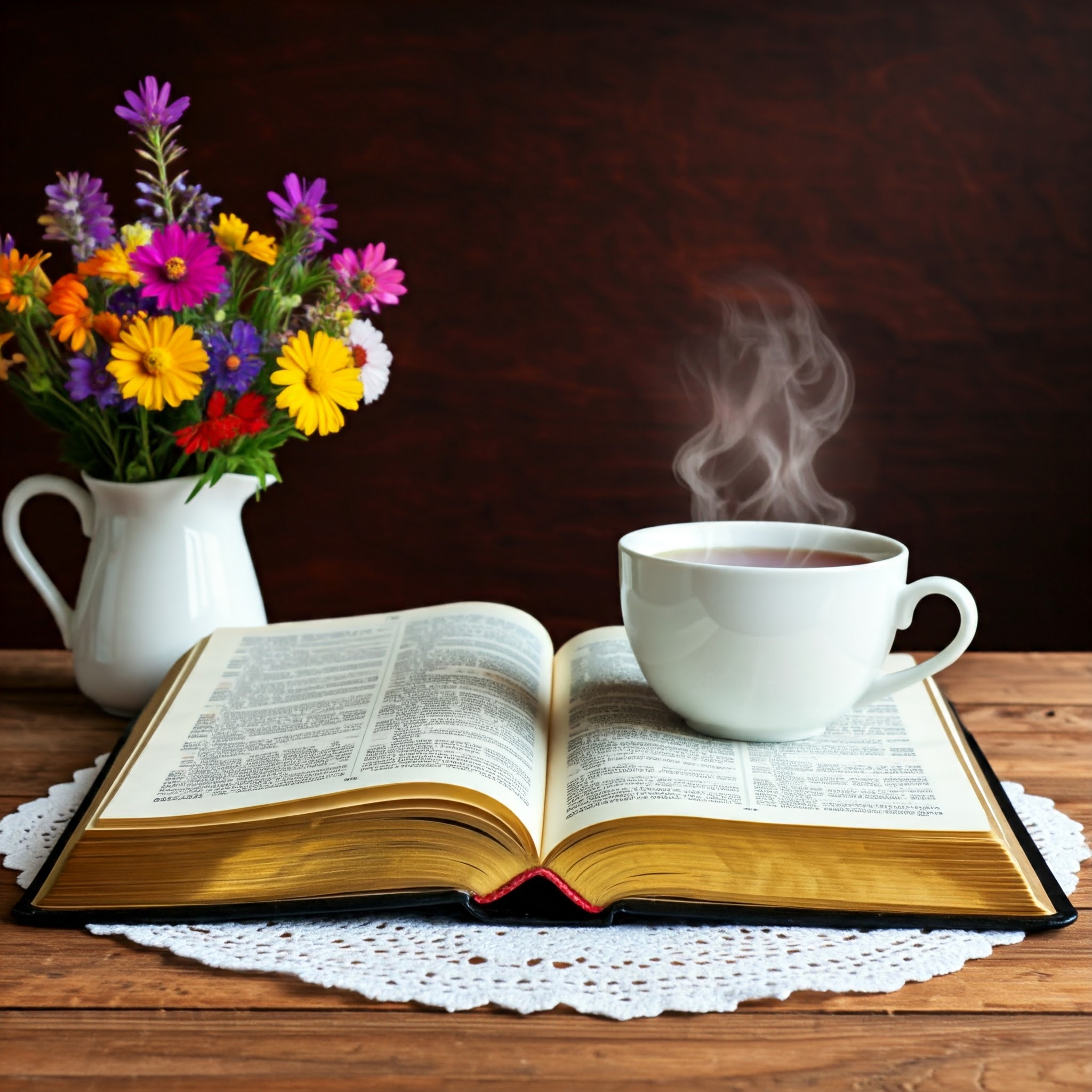 An open Bible placed beside a cup of tea with flowers, symbolizing Wednesday blessings and prayers to uplift the spirit midweek.